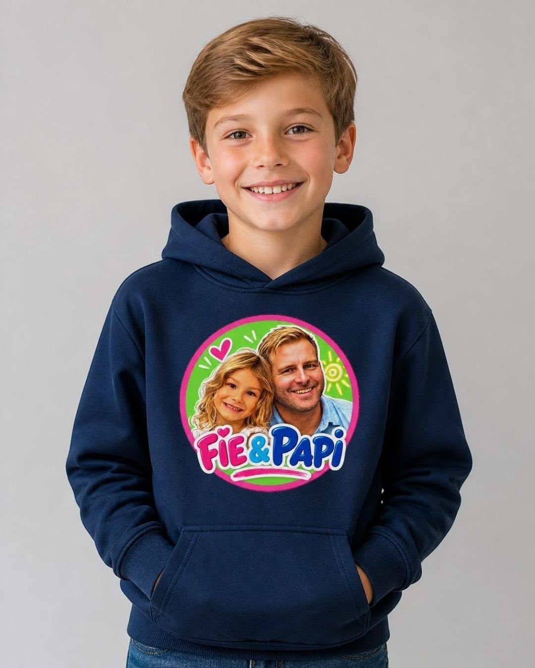 En gutt i marineblå hettegenser med Fie & Papi-logoen på brystet