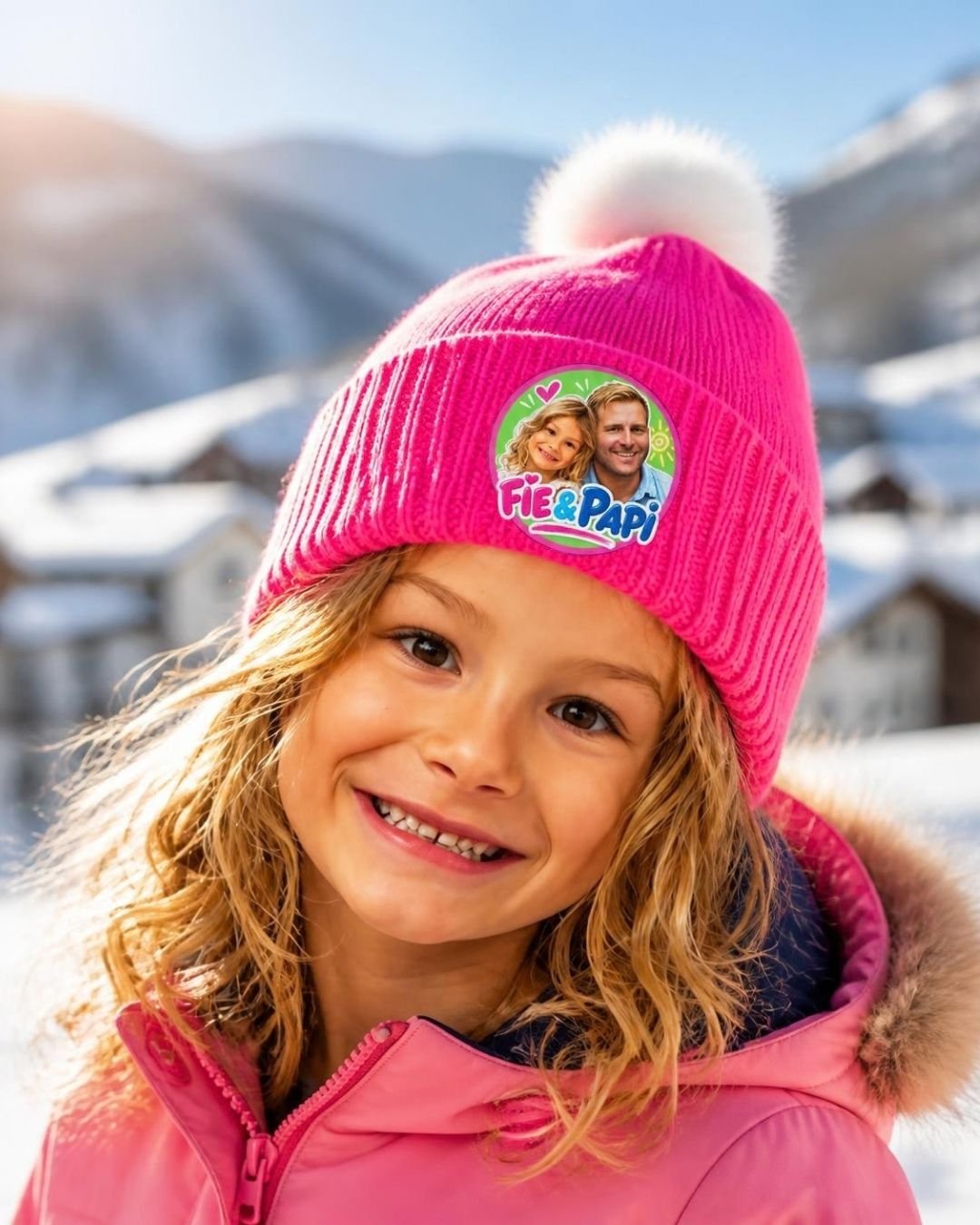 En jente ute i snøen med rosa lue med Fie & Papi-logoen