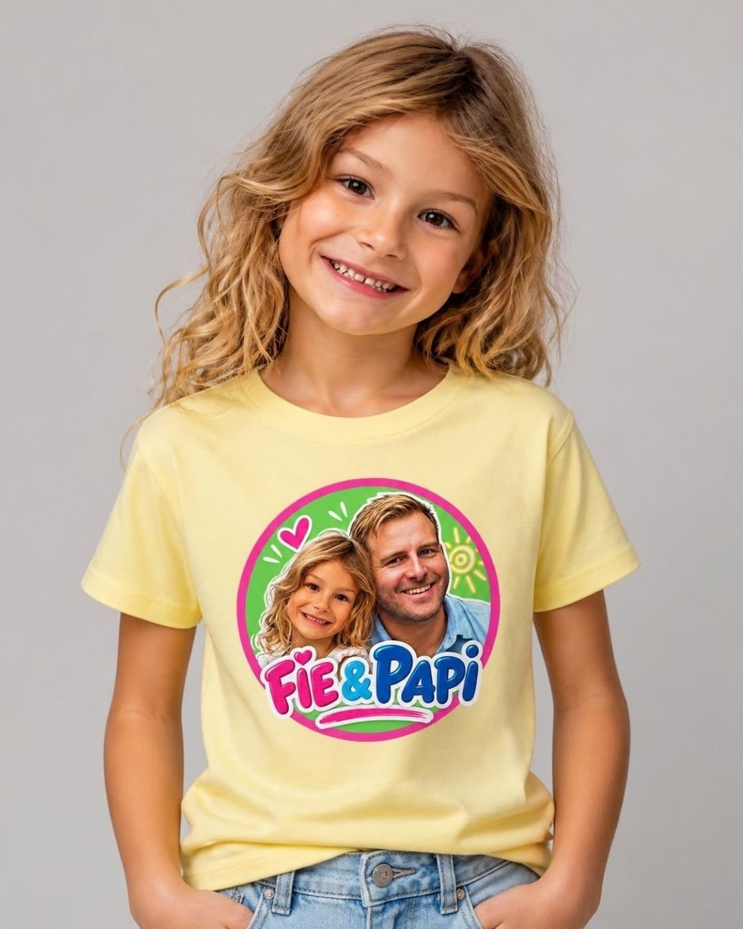 En jente i gul t-skjorte med Fie & Papi-logoen på brystet